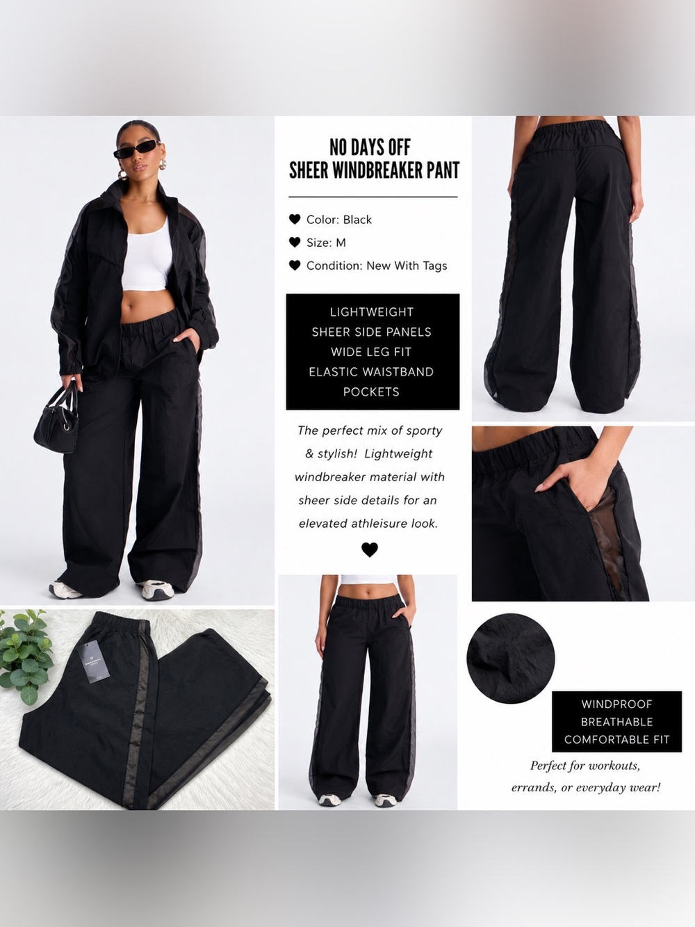 No Days Off Sheer Windbreaker Pants - Black